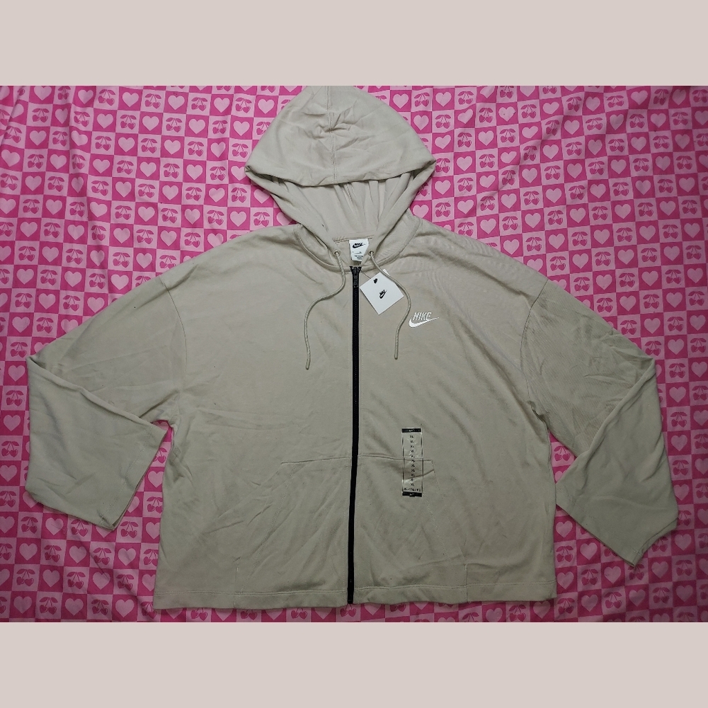 New Nike Womens Beige Full Zip Hooded Sportswear Cotton Jacket